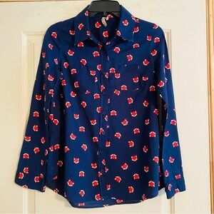 Navy Button Down Shirt Red Fox Graphic Size Small